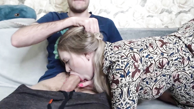Step Sister Jerks & Sucks Him So Hard on the Couch!